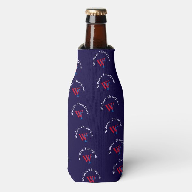Enfriador De Botellas patrón monograma personalizado - rojo y azul (Frente de la botella)