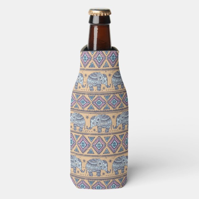 Enfriador De Botellas Patrón tribal de elefantes étnicos azules (Frente de la botella)
