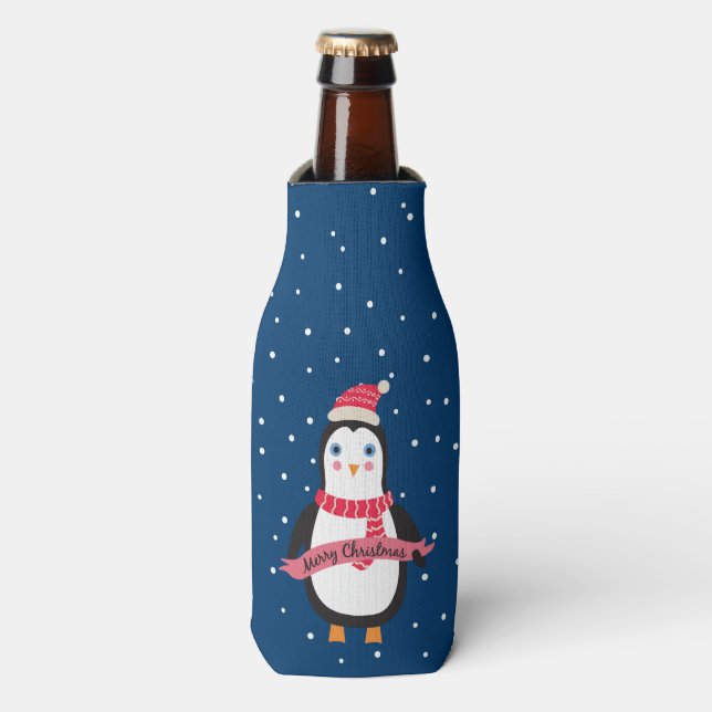 Enfriador De Botellas Pequeños Navidades lindos Penquin "Feliz Navidad" (Frente de la botella)