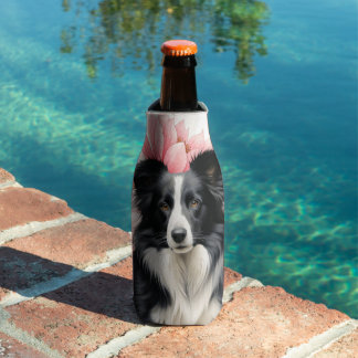 Enfriador De Botellas Perro Border Collie y Lirios Rosados Intenso