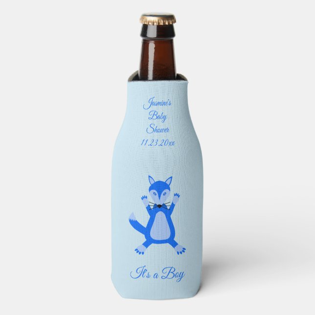 Enfriador De Botellas Personalizado Baby Shower de Cute Blue Baby Boy Fo (Frente de la botella)