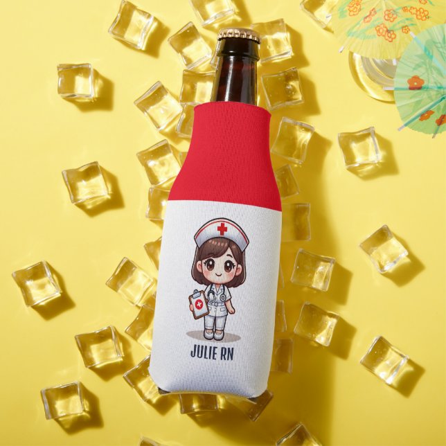 Enfriador De Botellas Personalizado Cute Manga Enfermera Brunette Brown  (Verano in situ)