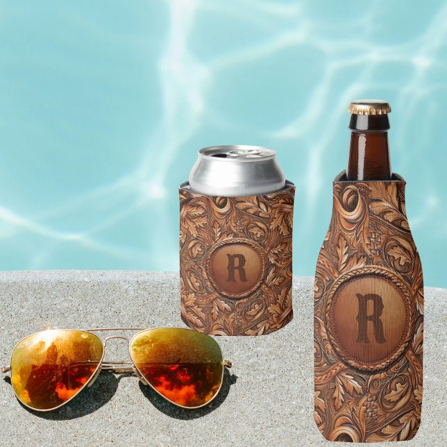 Enfriador De Botellas Personalizado de impresión de cuero con herramient (Western Tooled Leather Collection 
Custom Initial Can or Bottle Cooler)