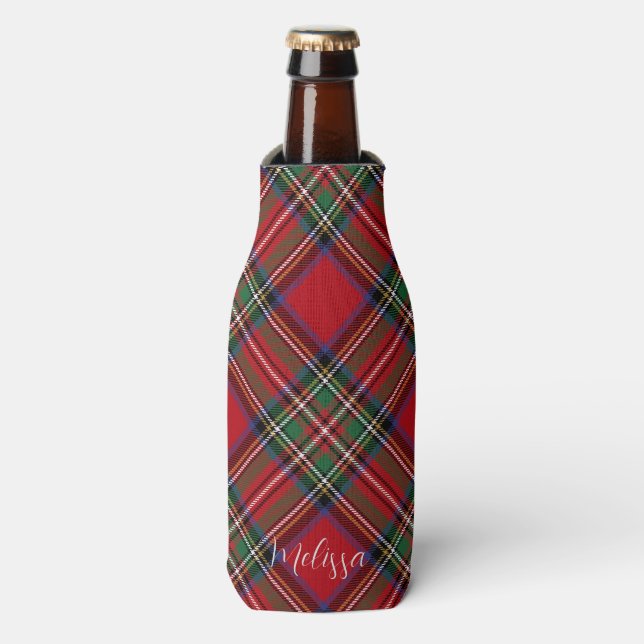 Enfriador De Botellas Personalizado de Plaid Rustic Stewart Tartán (Frente de la botella)
