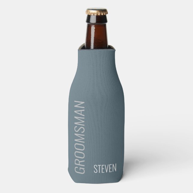 Enfriador De Botellas Personalizado Groomsman moderno con polvo y azul p (Frente de la botella)