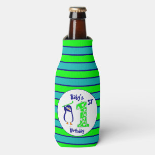 Enfriador De Botellas Pingüino golfing del primer cumpleaños del bebé