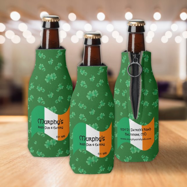Enfriador De Botellas Pub y Eatery personalizados Shamrock con bandera i (Personalized Pub & Eatery Irish Flag Shamrocks Bottle Coolers)