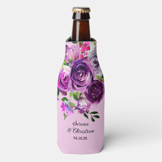 Enfriador De Botellas Purple Floral Wedding (Frente de la botella)