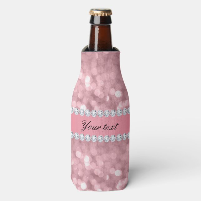 Enfriador De Botellas Purpurina rosa Bokeh y diamantes personalizados (Frente de la botella)
