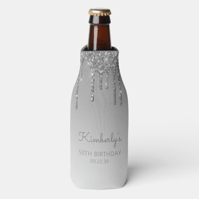 Enfriador De Botellas Purpurina Silver personalizado Drip 50 cumpleaños (Frente de la botella)