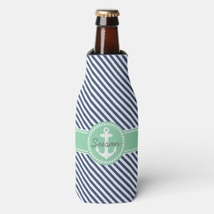 Enfriador De Botellas Rayas de Verde y Azul Marino Ancla Náutica Monogra