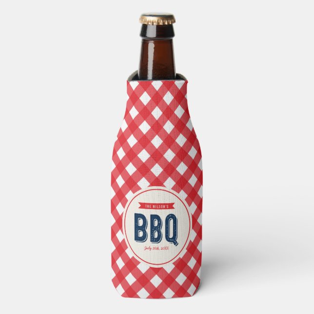 Enfriador De Botellas Red Gingham y Blue BBQ Fiesta (Frente de la botella)