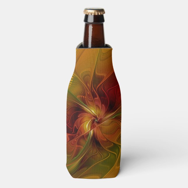 Enfriador De Botellas Resumen Naranja rojo Brown Flor de arte fractal ve (Frente de la botella)