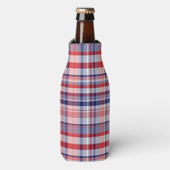 Enfriador De Botellas Rojo, blanco, azul de madrás preppy (Frente de la botella)