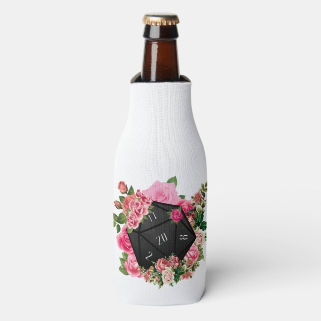 Enfriador De Botellas Rosa floral D20 Tabletop RPG Gaming Dice (Frente de la botella)