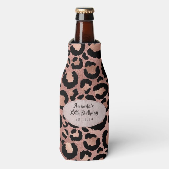 Enfriador De Botellas Rosa Relieve metalizado dorado Leopard Spots (Frente de la botella)