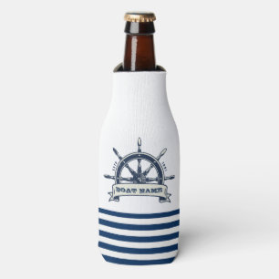 Enfriador De Botellas Rueda de barco náutica, rayas blancas y azul marin