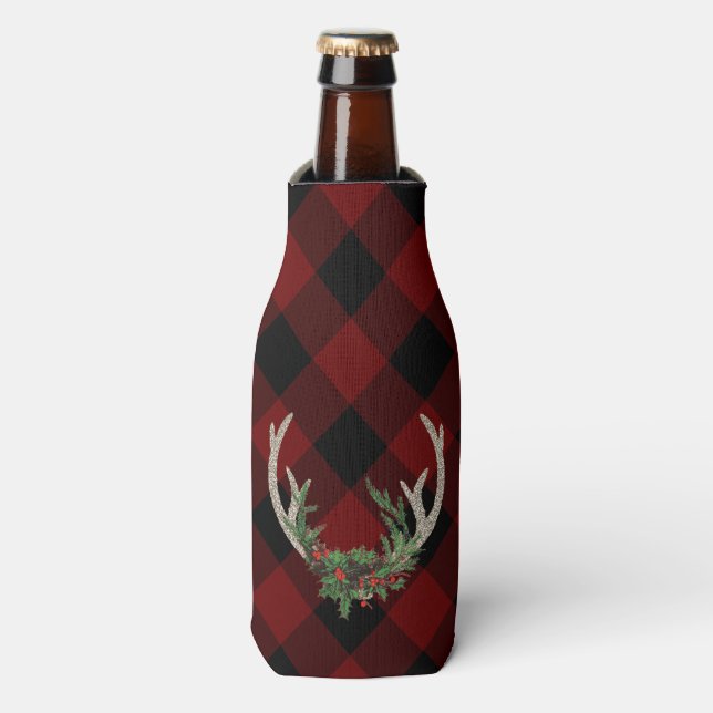 Enfriador De Botellas Rústico Boho Deer Antlers | Navidades Plaid Floral (Frente de la botella)
