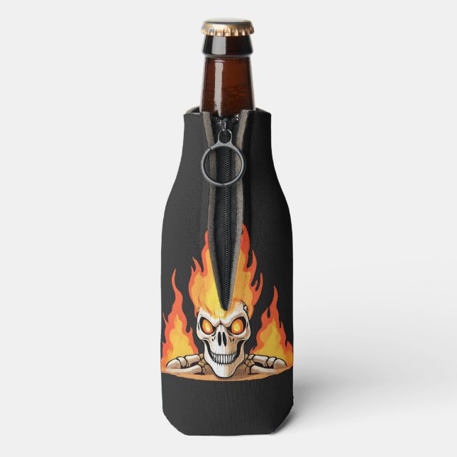 Enfriador De Botellas Skeleton Skeleton en llamas retro muerto (Reverso de la botella)