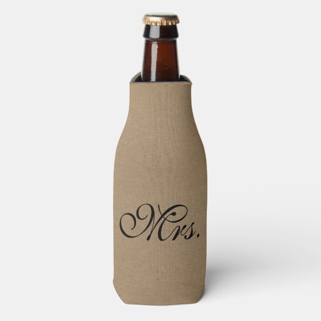 Enfriador De Botellas Sra. faux linen burlap moda rústica yute inicial (Frente de la botella)