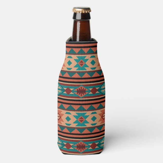 Enfriador De Botellas Terracota turquesa del patrón tribal del suroeste (Frente de la botella)