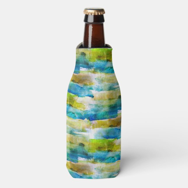 Enfriador De Botellas Verde abstracto de acuarela, azul (Frente de la botella)