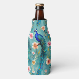 Enfriador De Botellas Vibrante Peacock con plumas y flores exuberantes