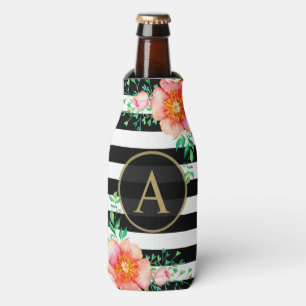 Enfriador De Botellas Vintage Floral Gold Monograma blanco negro a rayas