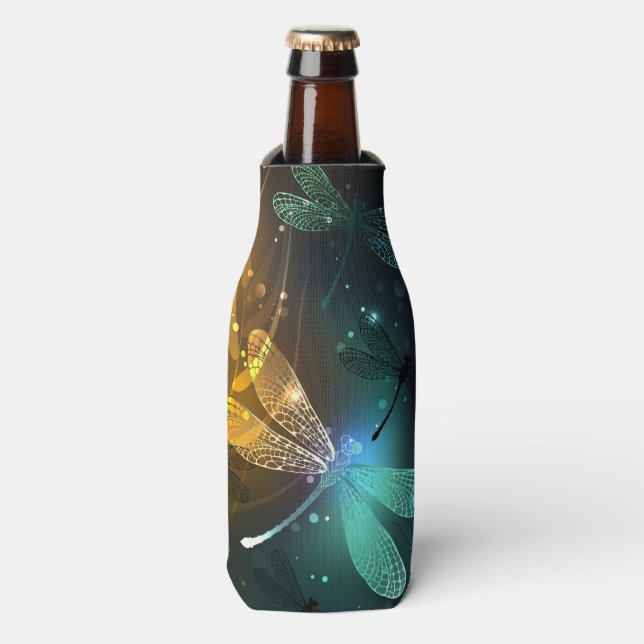 Enfriador De Botellas Vuelo de libélula luminosa verde (Frente de la botella)