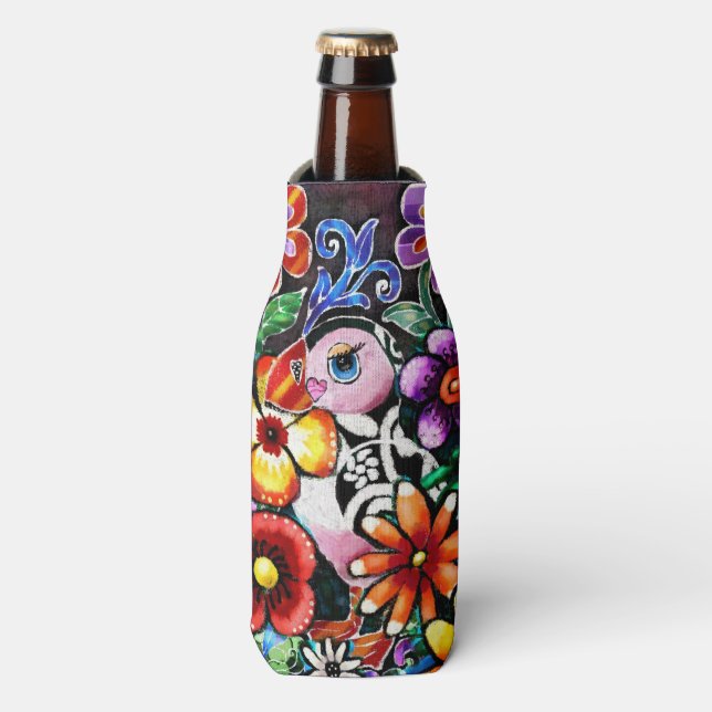 Enfriador De Botellas Whimsical Abstract Puffin Bird In Flowers (Frente de la botella)