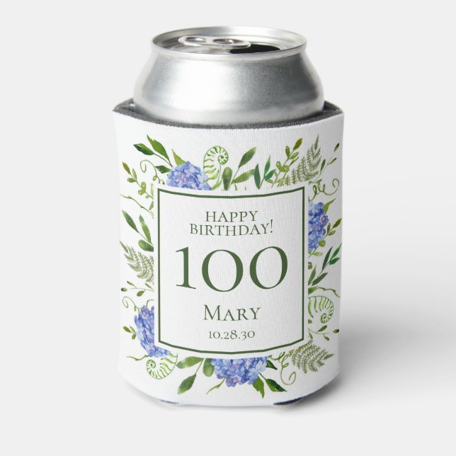 Enfriador De Latas 100.º cumpleaños Hidrangeas azules (Reverso de la lata)
