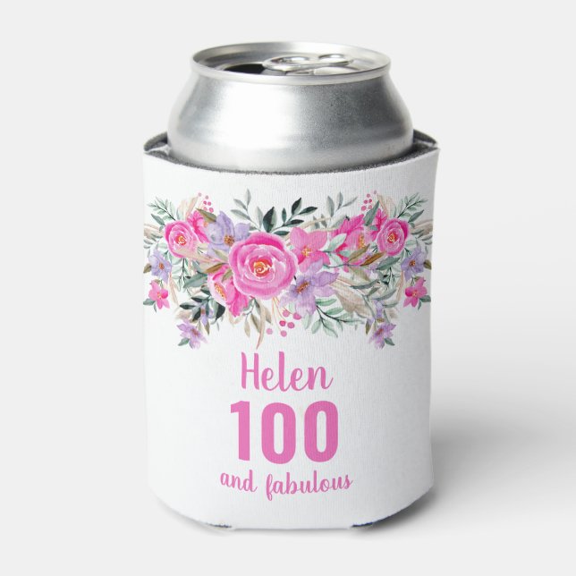 Enfriador De Latas 100 años refrigerador de bebidas floral rosa (Lata Anverso)