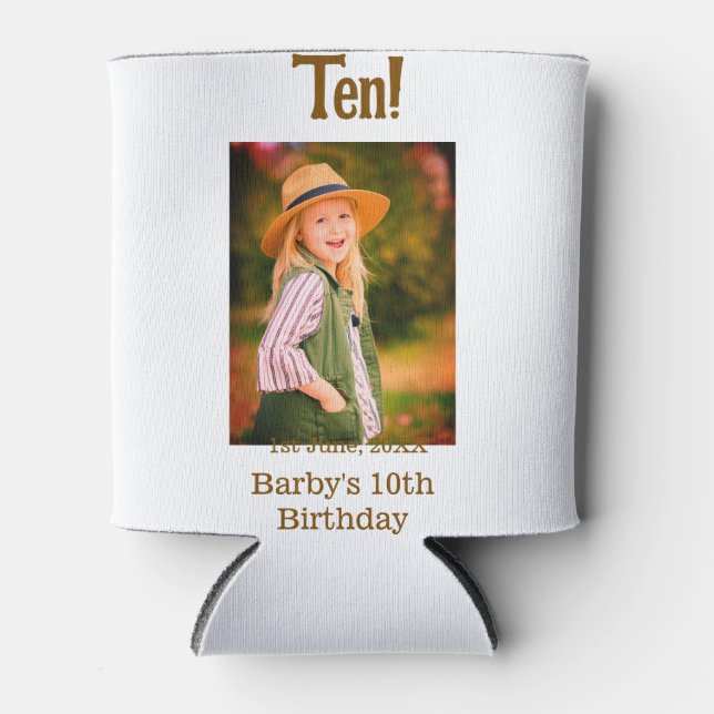 Enfriador De Latas 10th birthday photo name date simple brown beige b (Anverso)