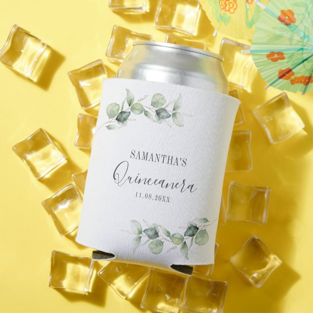 Enfriador De Latas 15.º cumpleaños Eucalyptus Greenery Quinceanera (Verano in situ)