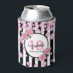Enfriador De Latas 18th birthday party pink florals stripes glam<br><div class="desc">A can cooler for a 18th birthday party for a girl. Classic slim black and white vertical stripes as background and decorated with pink faux diamonds. With girly, feminine and romantic pink roses as decoration. A white and black frame on front with template for age, name and date. Age number...</div>