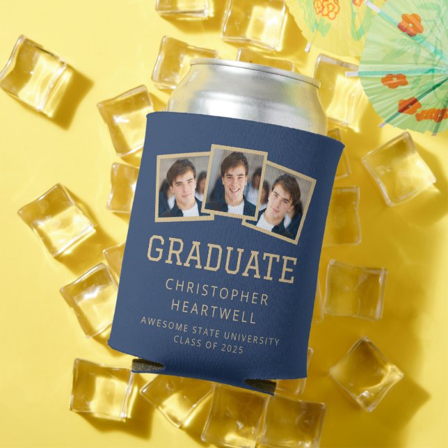 Enfriador De Latas 2025 Graduado 3-Photo Navy Blue Gold Sporty (Verano in situ)