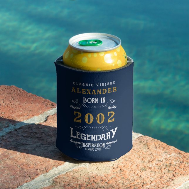 Enfriador De Latas 21er cumpleaños Nacido en 2002 Leyenda de oro azul (Piscina in situ)