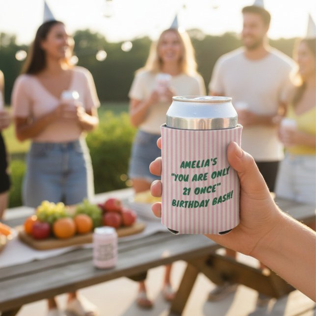 Enfriador De Latas 21st Birthday Bash Pink Green Retro Stripes Party (Subido por el creador)