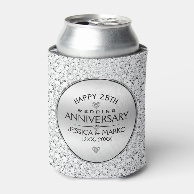 Enfriador De Latas 25° Aniversario Boda de diamantes blancos y plata (Lata Anverso)