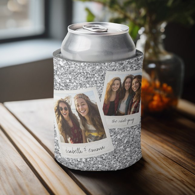 Enfriador De Latas 2 fotos - Collage de fotos cuadrado Purpurina plat (Personalized can cooler with 2 photos and custom text)