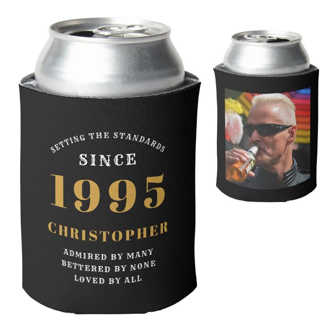 Enfriador De Latas 30.º cumpleaños Oro Negro con nombre y foto (30th birthday born 1995 personalized can cooler with name and photograph)