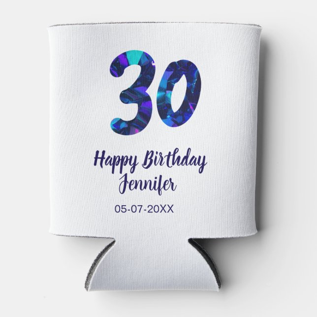 Enfriador De Latas 30th birthday add name date year blue sparkle  (Anverso)