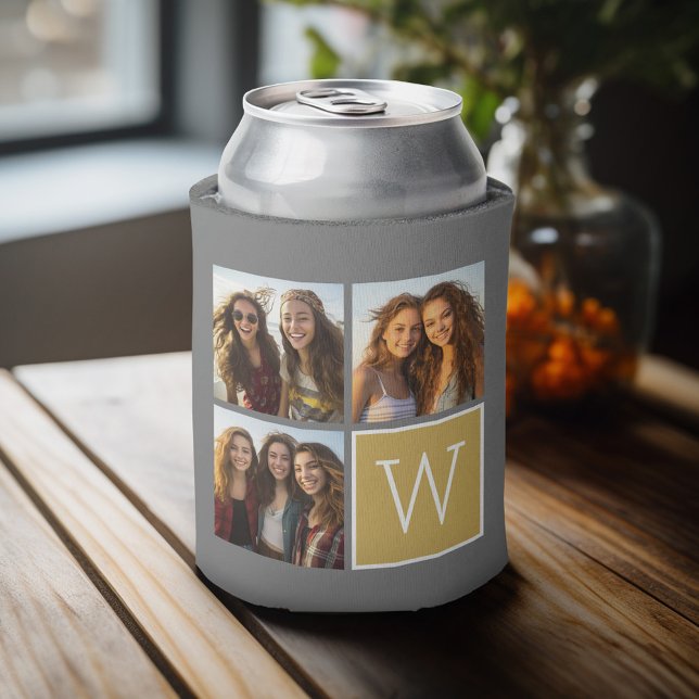 Enfriador De Latas 3 fotos - Monograma del Personalizado de Collage d (Personalized can cooler with an area to add photos and custom text)