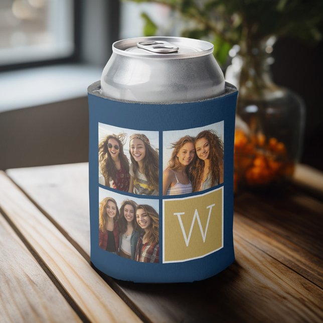 Enfriador De Latas 3 fotos - Monograma del Personalizado de Collage d (Fun personalized 3 photo can cooler with a place to add a custom monogram)
