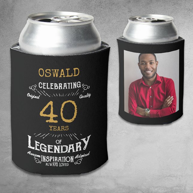 Enfriador De Latas 40.ª fama de oro negro (A personalized elegant 40th birthday can cooler that is easy to customize)