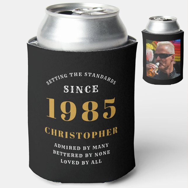 Enfriador De Latas 40.º cumpleaños Oro Negro con foto (Personalized 40th birthday can cooler with photo)