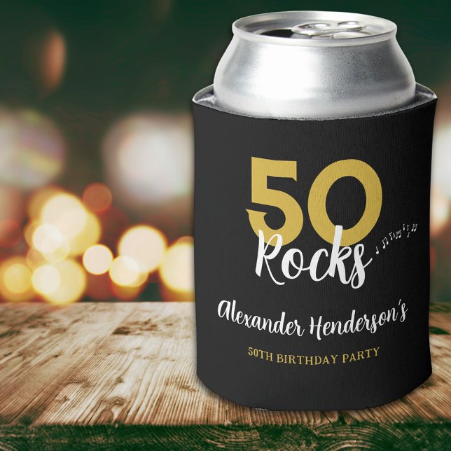 Enfriador De Latas 50.ª fiesta de cumpleaños 50 Rocks personalizada (50 Rocks black and gold rock and roll typography musical notes custom 50th birthday party can cooler)