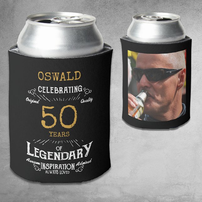 Enfriador De Latas 50.ª foto legendaria del oro negro (A personalized elegant 50th birthday can cooler that is easy to customize)