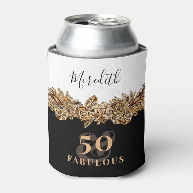 Enfriador De Latas 50.º Aniversario Flores Doradas Elegantes Clásicas (Lata Anverso)