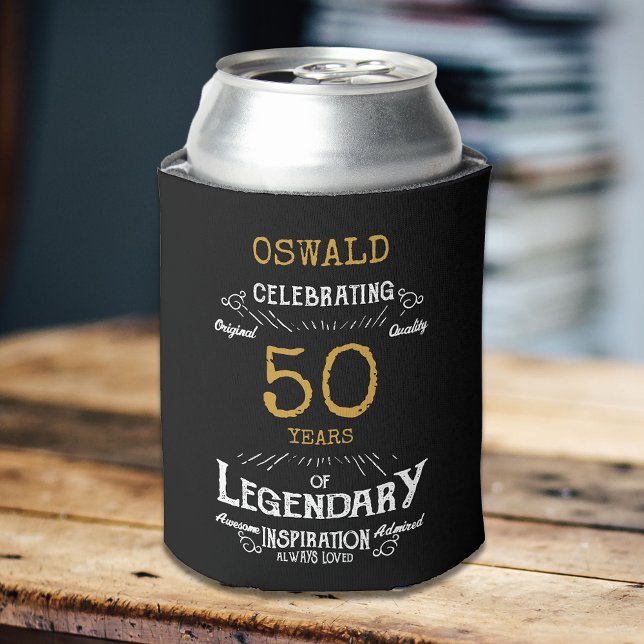 Enfriador De Latas 50.º cumpleaños Black Gold Legendary Funny (A personalized elegant 50th birthday can cooler that is easy to customize)